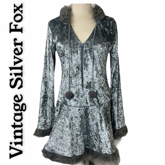 Vintage Foxy Lady Dress Rare Dream Girl Hooded Velour Velvet Silver Gray 90s Y2K - Picture 1 of 15